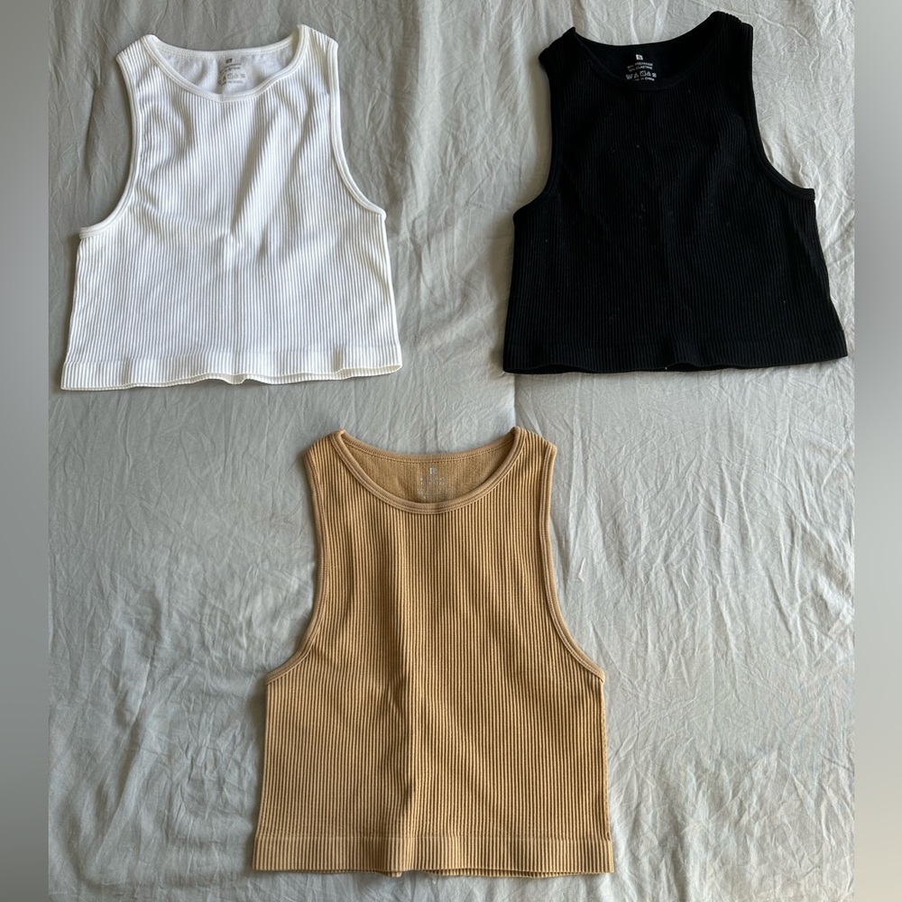 Set of 3 Neutral Colored High-Neck Ribbed Tanks